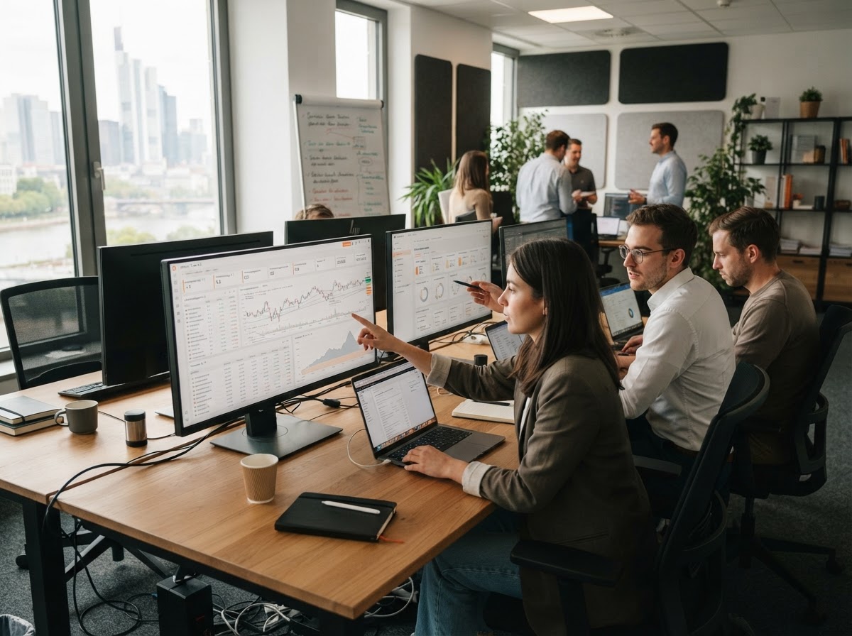 Ethera Trade 4.2 analyst reviewing an AI-generated investment risk dashboard